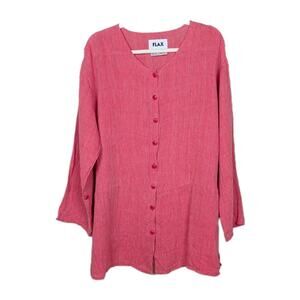 FLAX Coral Pink Striped Long Sleeve Button Down Tunic Linen Women's Medium